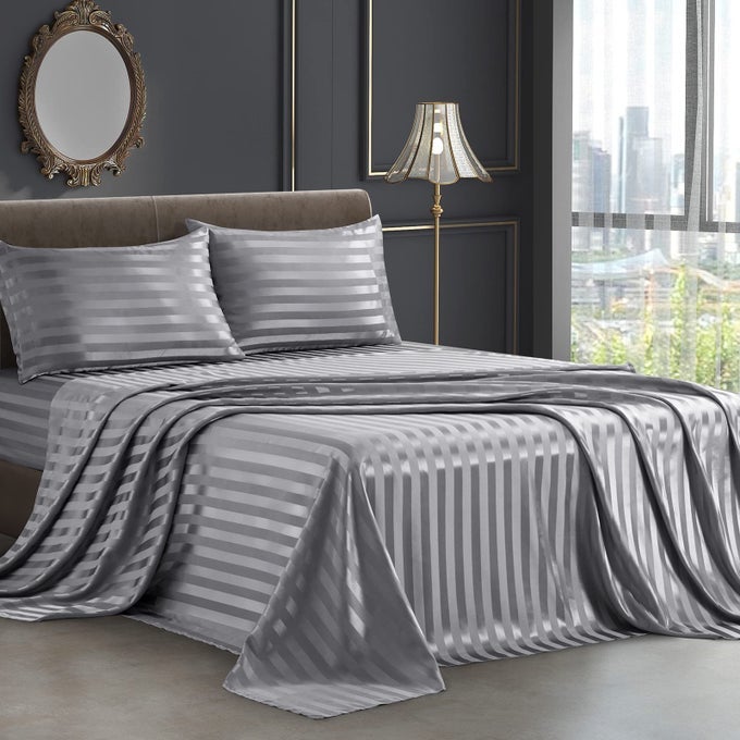 4PCS SATIN SHEETS STRIPE PRINTED SHEETS ITALIAN STYLE SILKY SOFT GREY SATIN QUEEN BED SHEETS WITH DEEP POCKET 1 FITTED SHEET 1 FLAT SHEET 2 ENVELOPE CLOSURE PILLOWCASES