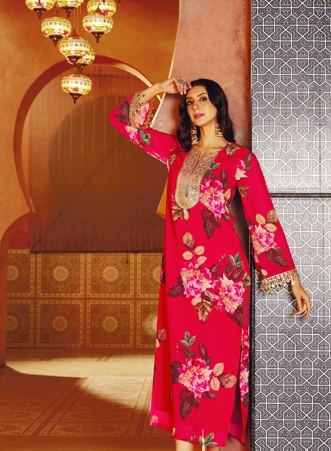 ساسافراس Red Floral Embroidered Neck Abaya Dress