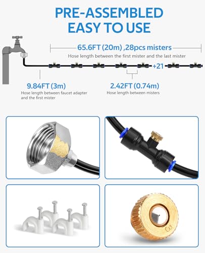homenote Misting Cooling System 75FT (23M) Misting Line + 28 Brass Mist Nozzles + Brass Adapter(3/4") Outdoor Mister for Patio Backyard Garden Greenhouse Watering - Image 2
