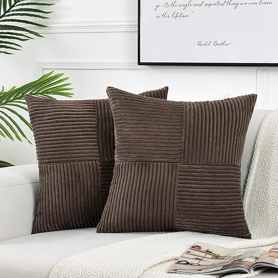 Guffaw Corduroy Pillow Covers Boho Decorative Spliced Throw Pillow Covers Soft Solid Couch Pillowcases Cross Patchwork Cushion Covers for Living Room Bed Sofa 16x16 inch (1, Dark Brown) - Image 1