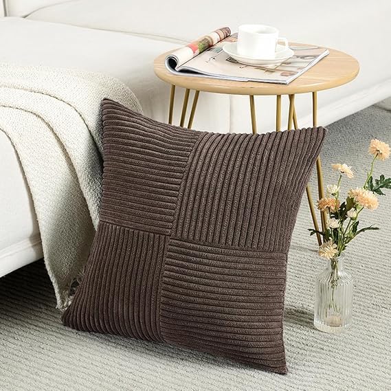 Guffaw Corduroy Pillow Covers Boho Decorative Spliced Throw Pillow Covers Soft Solid Couch Pillowcases Cross Patchwork Cushion Covers for Living Room Bed Sofa 16x16 inch (1, Dark Brown) - Image 4
