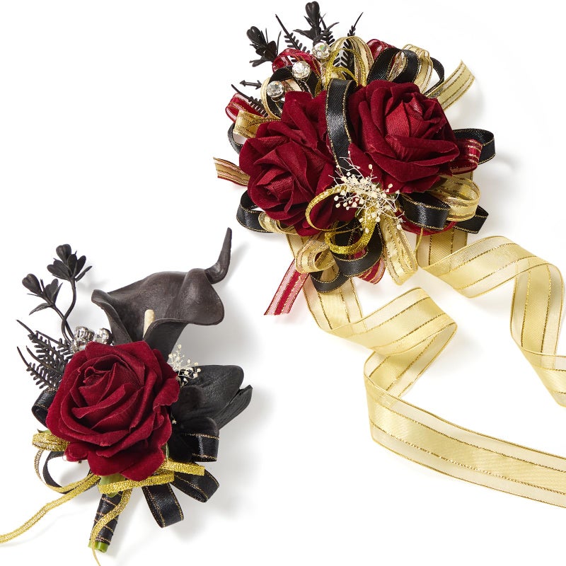 Serwalin Black & Burgundy Prom Corsage and Boutonniere Set, Artificial Calla Lily Rose Wrist Corsage Wristlet for Homecoming, Formal Dance, Wedding Flowers Accessories Suit Decorations - Image 1