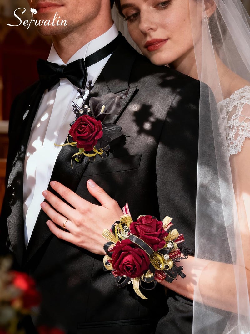 Serwalin Black & Burgundy Prom Corsage and Boutonniere Set, Artificial Calla Lily Rose Wrist Corsage Wristlet for Homecoming, Formal Dance, Wedding Flowers Accessories Suit Decorations - Image 3