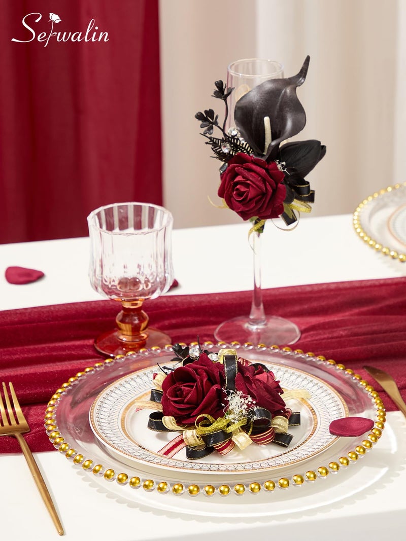 Serwalin Black & Burgundy Prom Corsage and Boutonniere Set, Artificial Calla Lily Rose Wrist Corsage Wristlet for Homecoming, Formal Dance, Wedding Flowers Accessories Suit Decorations - Image 4