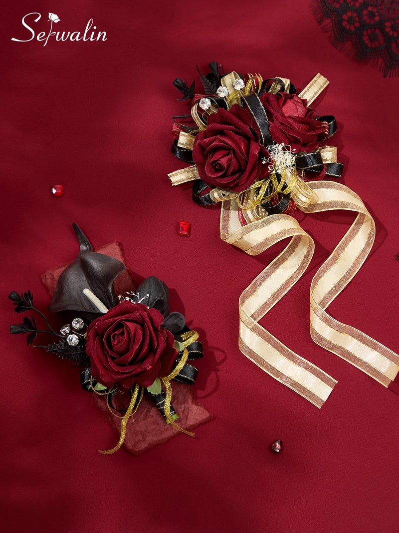 Serwalin Black & Burgundy Prom Corsage and Boutonniere Set, Artificial Calla Lily Rose Wrist Corsage Wristlet for Homecoming, Formal Dance, Wedding Flowers Accessories Suit Decorations - Image 5