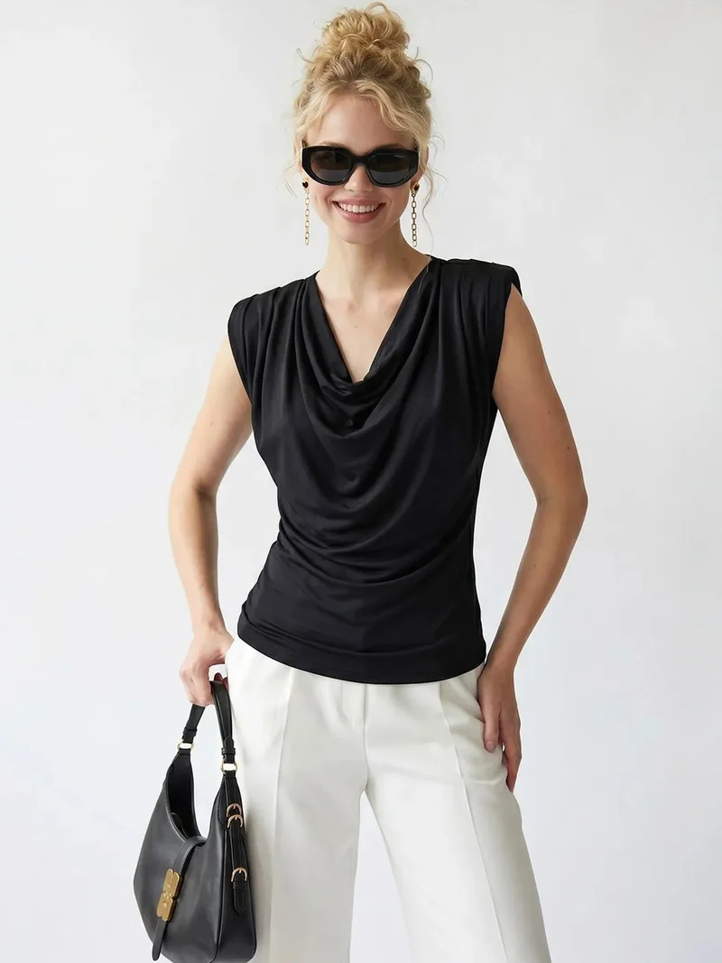 Mixray Black MIXRAY Sleeveless Cowl Neck Blouse for Women | Best Price UAE