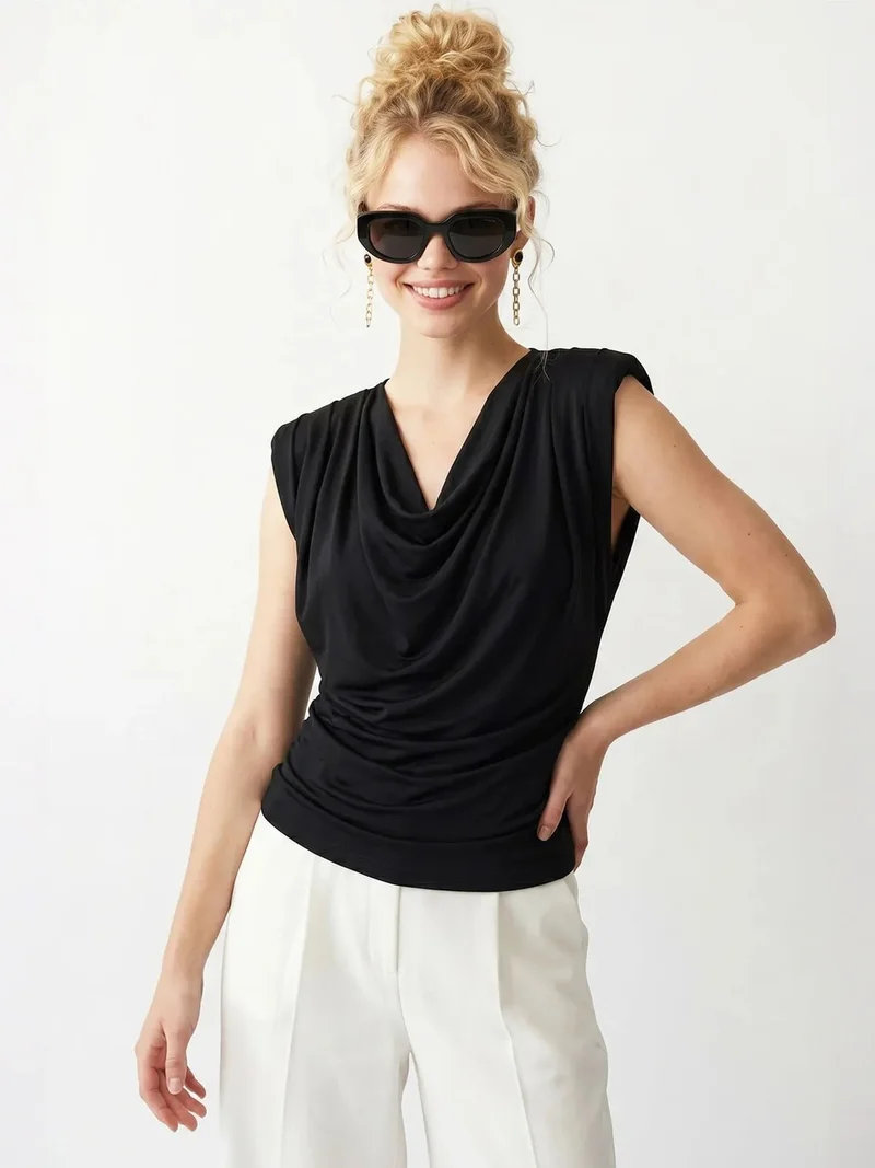 Mixray Black MIXRAY Sleeveless Cowl Neck Blouse for Women | Best Price UAE