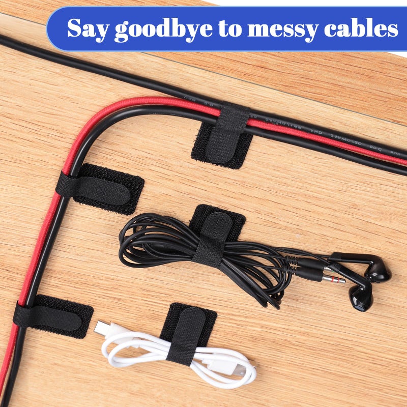 WSICSE 100 Pcs Hook and Loop Cable Ties, Self Adhesive Cable Management Desktop Cable Straps, Adjustable Cord Organizer for Desk Home Office Organization (Black) - Image 3