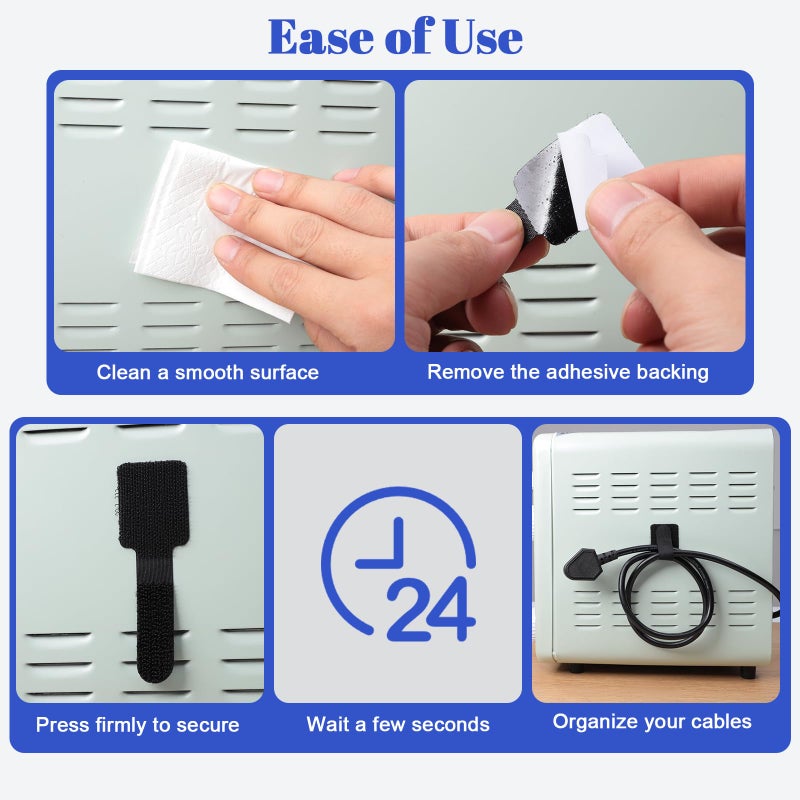 WSICSE 100 Pcs Hook and Loop Cable Ties, Self Adhesive Cable Management Desktop Cable Straps, Adjustable Cord Organizer for Desk Home Office Organization (Black) - Image 4