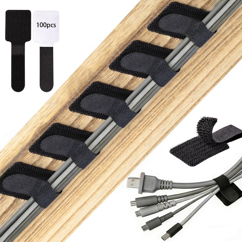 WSICSE 100 Pcs Hook and Loop Cable Ties, Self Adhesive Cable Management Desktop Cable Straps, Adjustable Cord Organizer for Desk Home Office Organization (Black) - Image 1