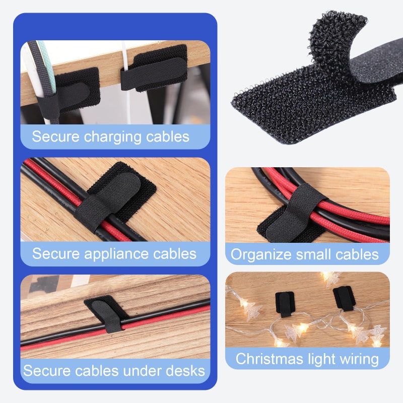 WSICSE 100 Pcs Hook and Loop Cable Ties, Self Adhesive Cable Management Desktop Cable Straps, Adjustable Cord Organizer for Desk Home Office Organization (Black) - Image 5