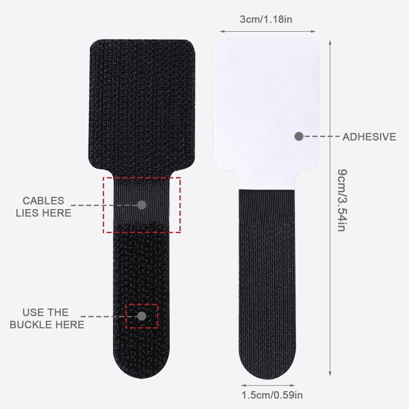 WSICSE 100 Pcs Hook and Loop Cable Ties, Self Adhesive Cable Management Desktop Cable Straps, Adjustable Cord Organizer for Desk Home Office Organization (Black) - Image 2