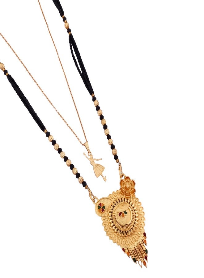 MALKYN Women's Gold Plated Peacock Motif Mangalsutra with Enamel Work and Ballerina Pendant Layered Necklace Set, Traditional Black Beaded Indian Wedding Jewelry-MD-148 - Image 1