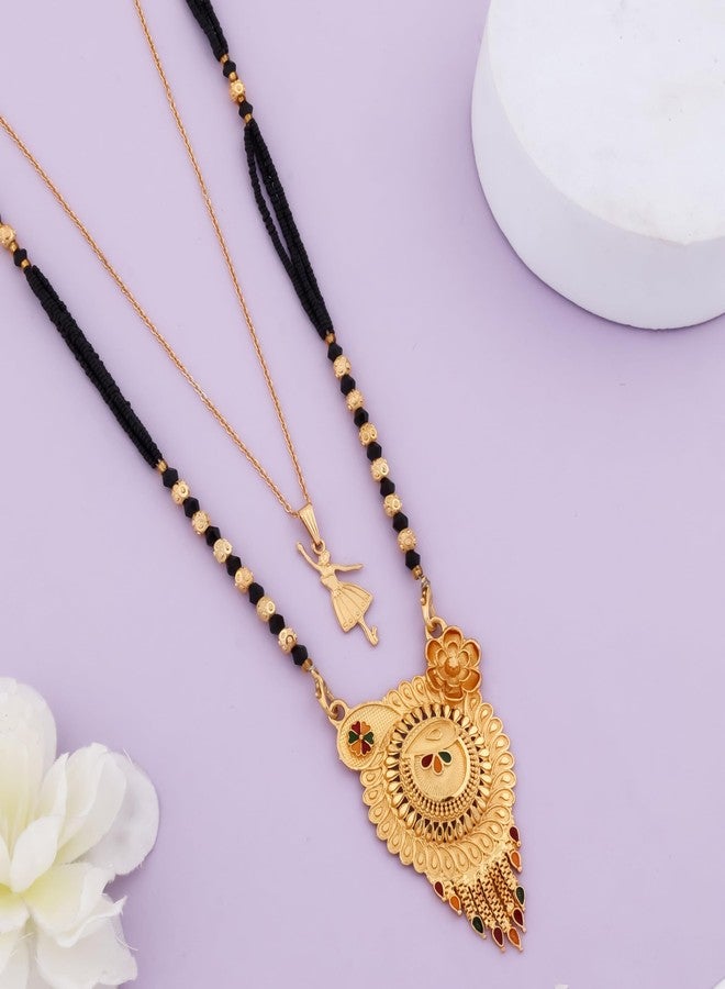 MALKYN Women's Gold Plated Peacock Motif Mangalsutra with Enamel Work and Ballerina Pendant Layered Necklace Set, Traditional Black Beaded Indian Wedding Jewelry-MD-148 - Image 2