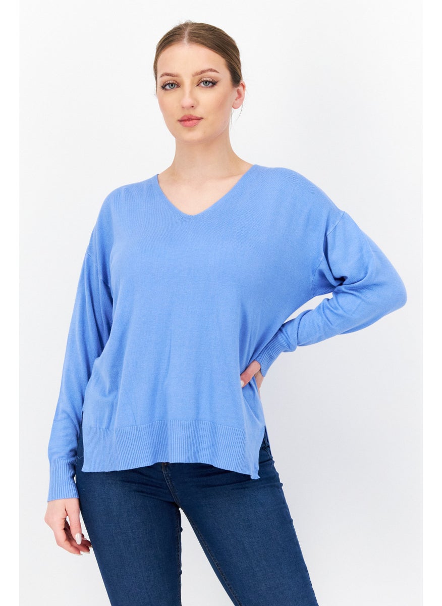 Women V Neck Long Sleeve Plain Sweater, Blue - pzsku/Z0C309EEDFB8503FE74BAZ/45/_/1724351097/5c0eb387-6222-4ce8-9196-2b5b5ef9da2e