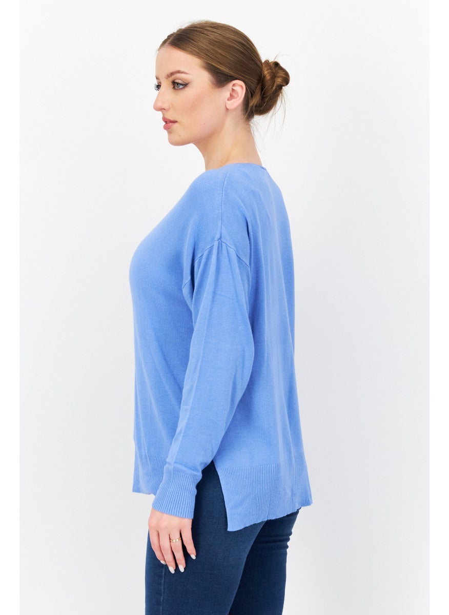 Women V Neck Long Sleeve Plain Sweater, Blue - pzsku/Z0C309EEDFB8503FE74BAZ/45/_/1724351101/5bbb04ae-b03d-4e19-9dfa-cb68a61fe546