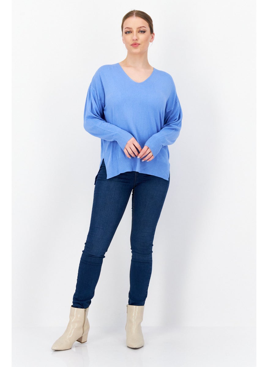 Women V Neck Long Sleeve Plain Sweater, Blue - pzsku/Z0C309EEDFB8503FE74BAZ/45/_/1724351103/7b4da7cb-615c-446e-afa7-d9437a3cb81a