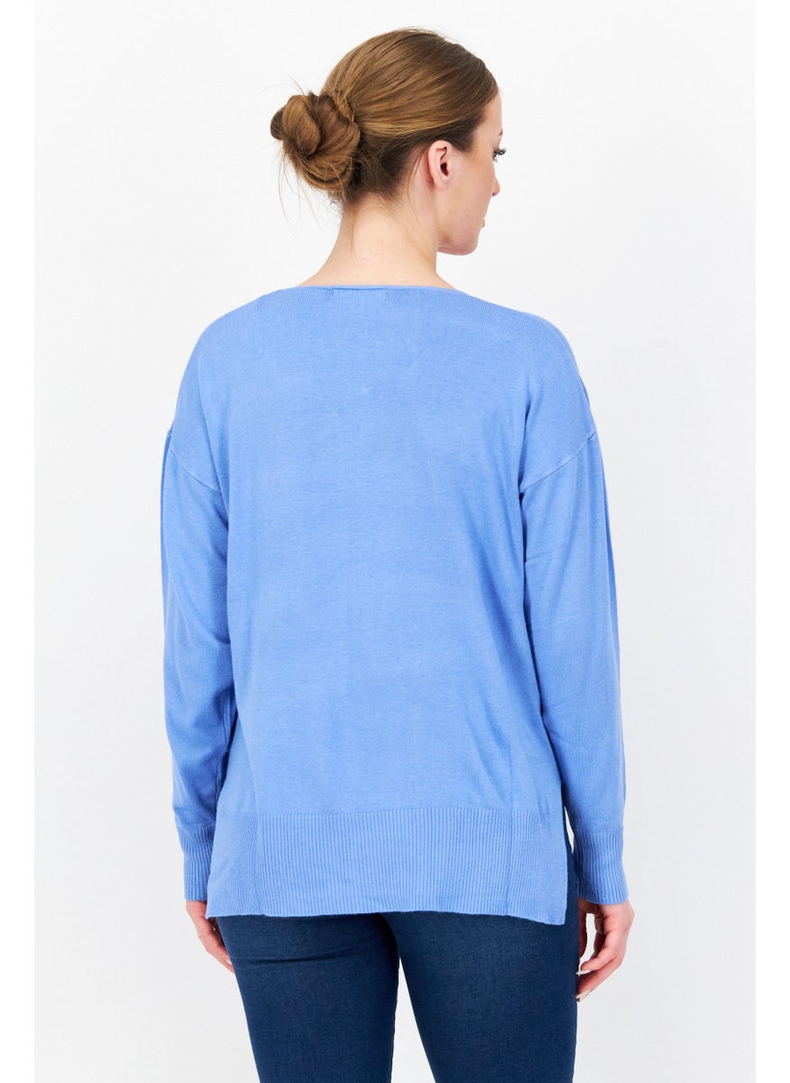 Women V Neck Long Sleeve Plain Sweater, Blue - pzsku/Z0C309EEDFB8503FE74BAZ/45/_/1724351106/d617f8da-9ff6-4d56-a92d-dbee4519c35a