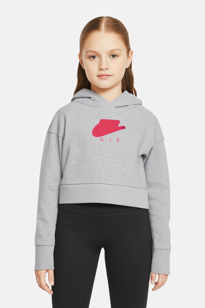 Nike Kids Girl Standard Fit Hooded Brand Logo Outdoor Sweatshirt, Grey - Image 1