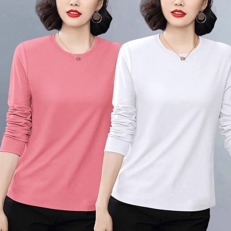 Pure cotton casual popular long-sleeved t-shirt for women's autumn 2025 new loose plus-size versatile age-reducing top with front shoulder - Image 1