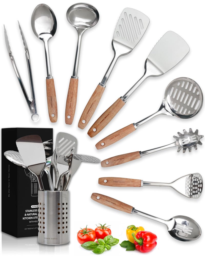 HomeHero Home Hero Stainless Steel Kitchen Utensils Set - Wood Handle Nonstick Stainless Steel Cooking Utensils Set - Heat Resistant Kitchen Essentials & Metal Kitchen Gadgets (Silver & Wood) - Image 1