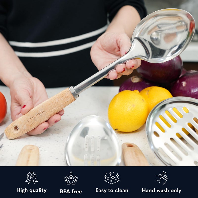 HomeHero Home Hero Stainless Steel Kitchen Utensils Set - Wood Handle Nonstick Stainless Steel Cooking Utensils Set - Heat Resistant Kitchen Essentials & Metal Kitchen Gadgets (Silver & Wood) - Image 5