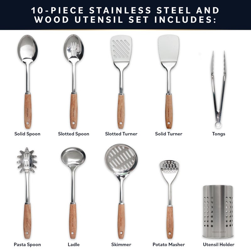 HomeHero Home Hero Stainless Steel Kitchen Utensils Set - Wood Handle Nonstick Stainless Steel Cooking Utensils Set - Heat Resistant Kitchen Essentials & Metal Kitchen Gadgets (Silver & Wood) - Image 3
