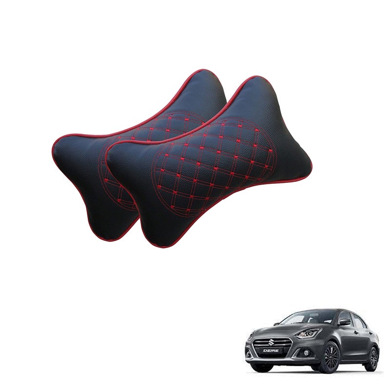 Adroitz Faux Leather Car Neck Rest Pillow/Cushion Set of Pillows Compatible with Maruti Suzuki Dezire (Black, with Red Embroidery) -2 Pieces