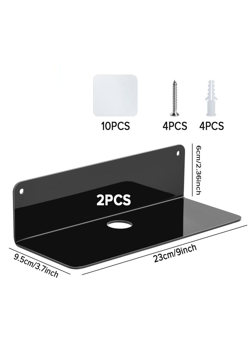 TPGP 2 Set Acrylic Small Black Floating Shelf Self Adhesive, 9 Inch for Wall, Stick on Shelf Easily Expand Wall Space, Acrylic Shelves with Stickers and Screws  - Image 2
