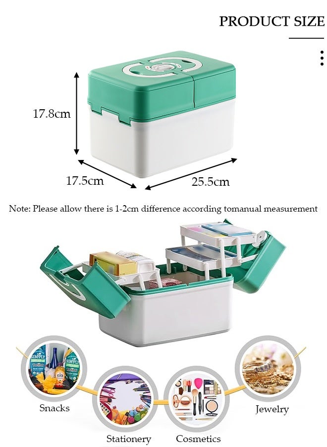 DUNISO صندوق تخزين الطب العائلي، صندوق إسعافات أولية قابل للطي بطبقتين مزدوجتين مع غطاء قفل ومقبض، حافظة أدوات حرفية متعددة الاستخدامات متينة من البلاستيك، صندوق طوارئ احترافي للاستخدام في المنزل والسفر والسيارة والتخييم والمكتب - Image 3