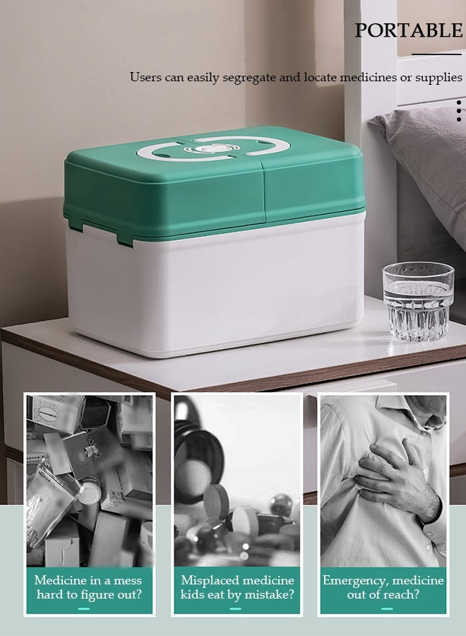 DUNISO صندوق تخزين الطب العائلي، صندوق إسعافات أولية قابل للطي بطبقتين مزدوجتين مع غطاء قفل ومقبض، حافظة أدوات حرفية متعددة الاستخدامات متينة من البلاستيك، صندوق طوارئ احترافي للاستخدام في المنزل والسفر والسيارة والتخييم والمكتب - Image 2