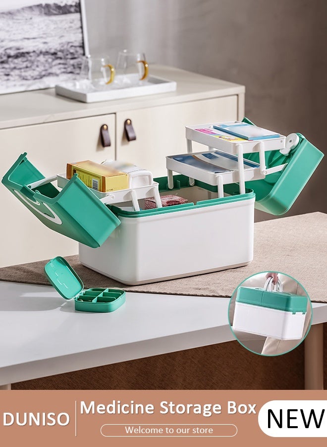 DUNISO صندوق تخزين الطب العائلي، صندوق إسعافات أولية قابل للطي بطبقتين مزدوجتين مع غطاء قفل ومقبض، حافظة أدوات حرفية متعددة الاستخدامات متينة من البلاستيك، صندوق طوارئ احترافي للاستخدام في المنزل والسفر والسيارة والتخييم والمكتب - Image 1
