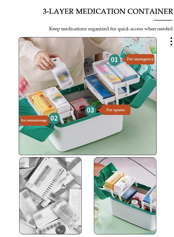 DUNISO صندوق تخزين الطب العائلي، صندوق إسعافات أولية قابل للطي بطبقتين مزدوجتين مع غطاء قفل ومقبض، حافظة أدوات حرفية متعددة الاستخدامات متينة من البلاستيك، صندوق طوارئ احترافي للاستخدام في المنزل والسفر والسيارة والتخييم والمكتب - Image 4