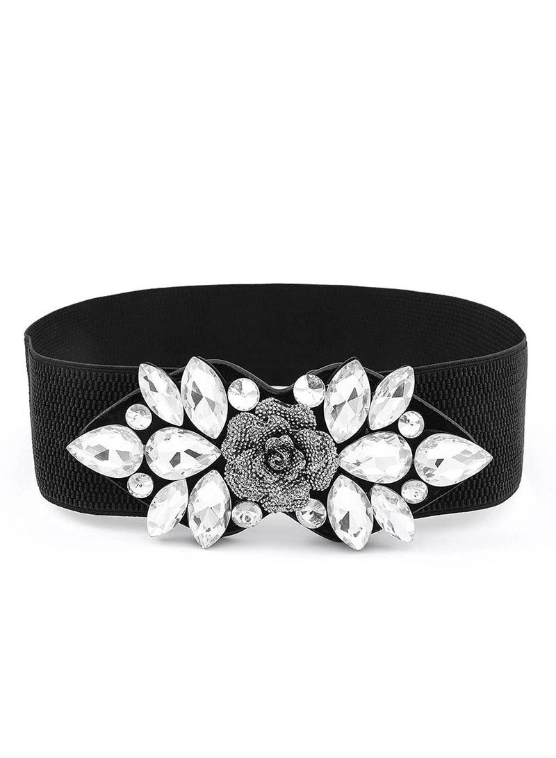 SYOSI Black Stretch Rhinestone Belt, Black Tunic Girdle Dress Down Jacket Elastic Waistband Apparel Accessories for Girls Women (1'9-2'6) - Image 1