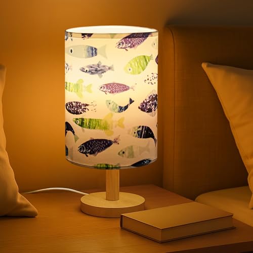 ABOUT SPACE Night Lamp - Fish Themed Bedside Reading Lamp With Wooden Base For Night,Bed Room,Living Room,Home & Decor- Cylindrical Lamp Shades For Living Room With Light (Bulb Included),Incandescent - Image 1