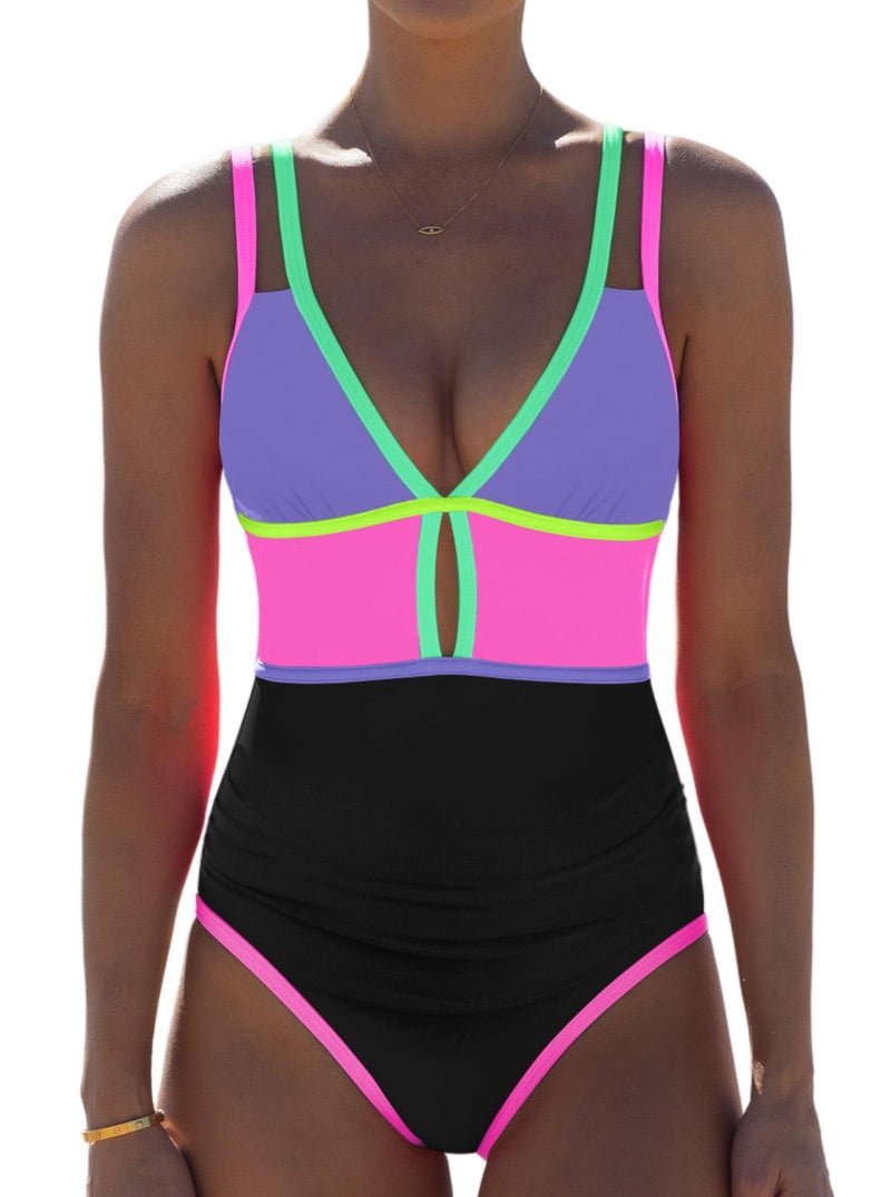 popvil Women One Piece Swimsuit 2026 Tummy Control Sexy Cutout Neon Color Block Bathing Suit Slimming Adjustable Swimwear, Purple Medium - Image 1