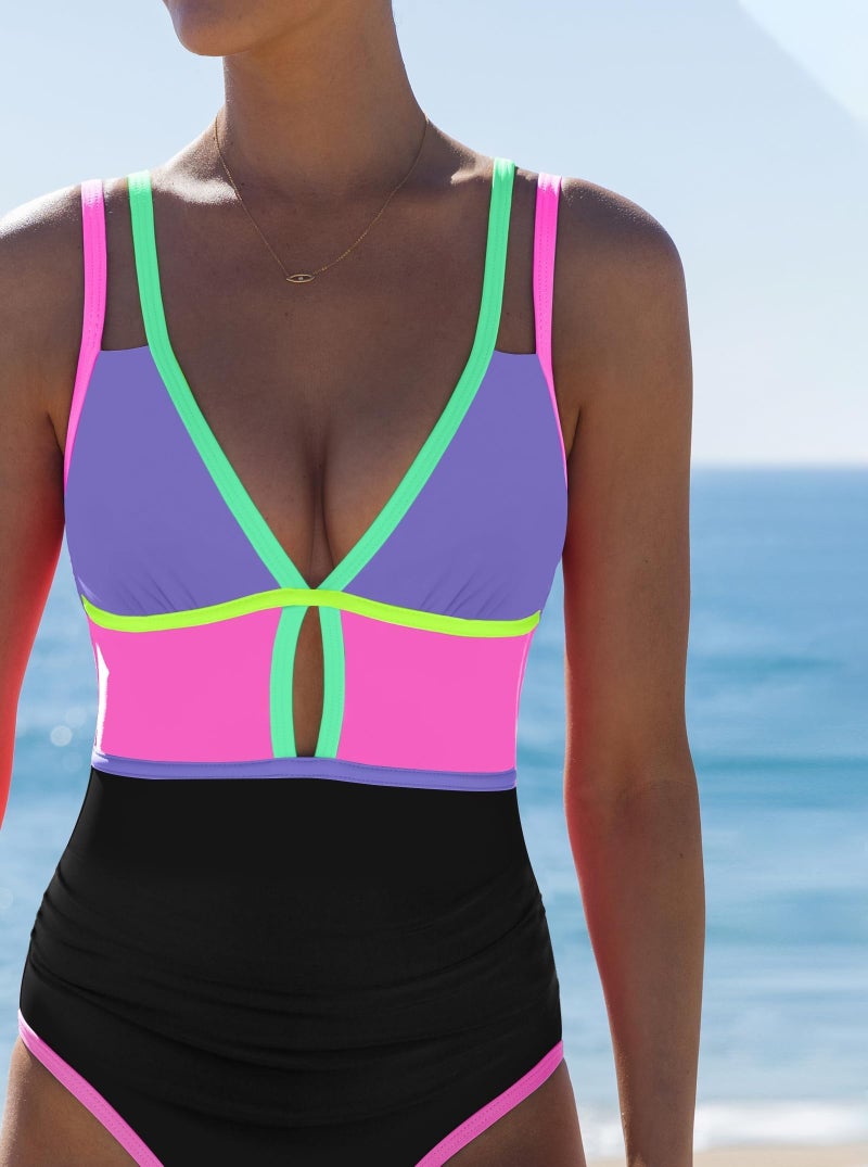 popvil Women One Piece Swimsuit 2026 Tummy Control Sexy Cutout Neon Color Block Bathing Suit Slimming Adjustable Swimwear, Purple Medium - Image 3