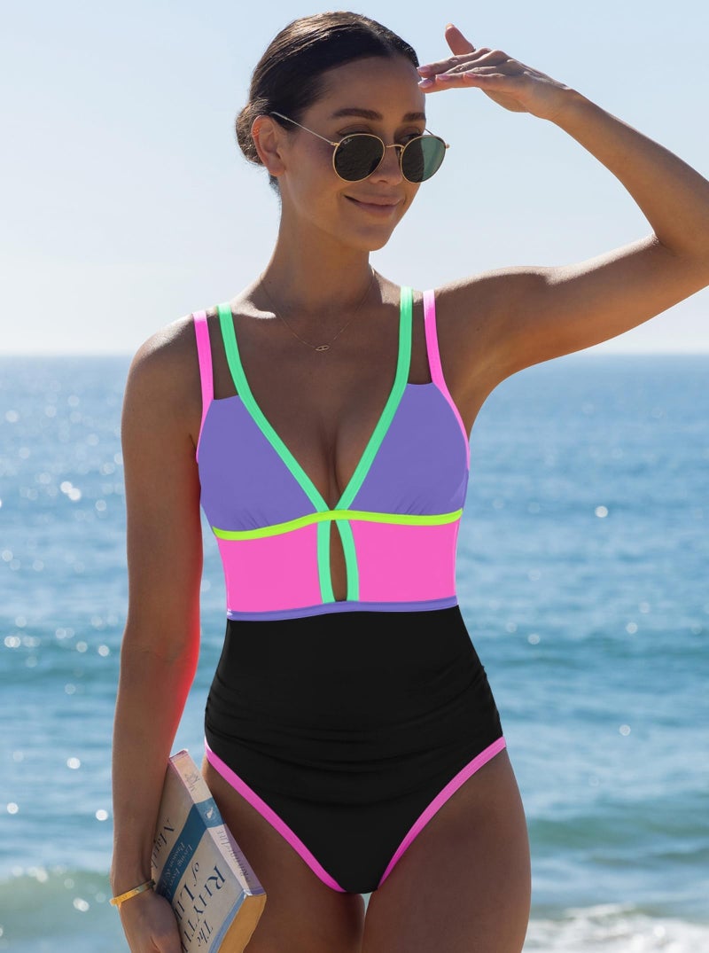 popvil Women One Piece Swimsuit 2026 Tummy Control Sexy Cutout Neon Color Block Bathing Suit Slimming Adjustable Swimwear, Purple Medium - Image 2