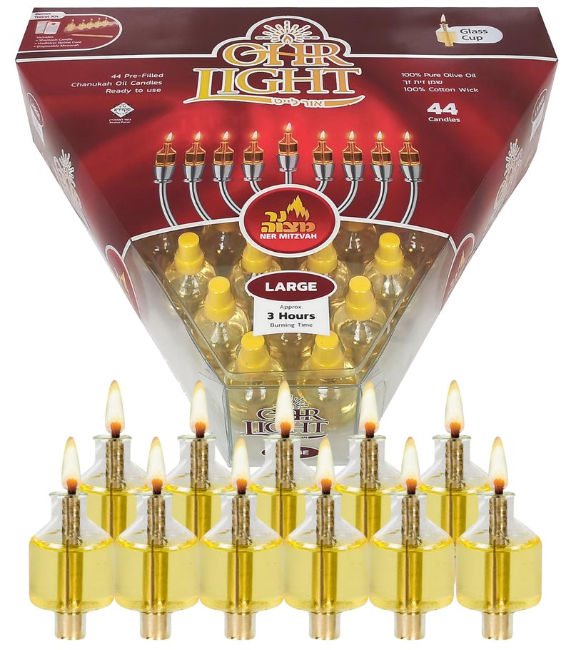 Pre Filled Hanukkah Menorah Oil Cups  Olive Oil Menorah Cups with Wick Ready to Use  44 Pk Ohr Lights  Large Burns Approx 3 Hours