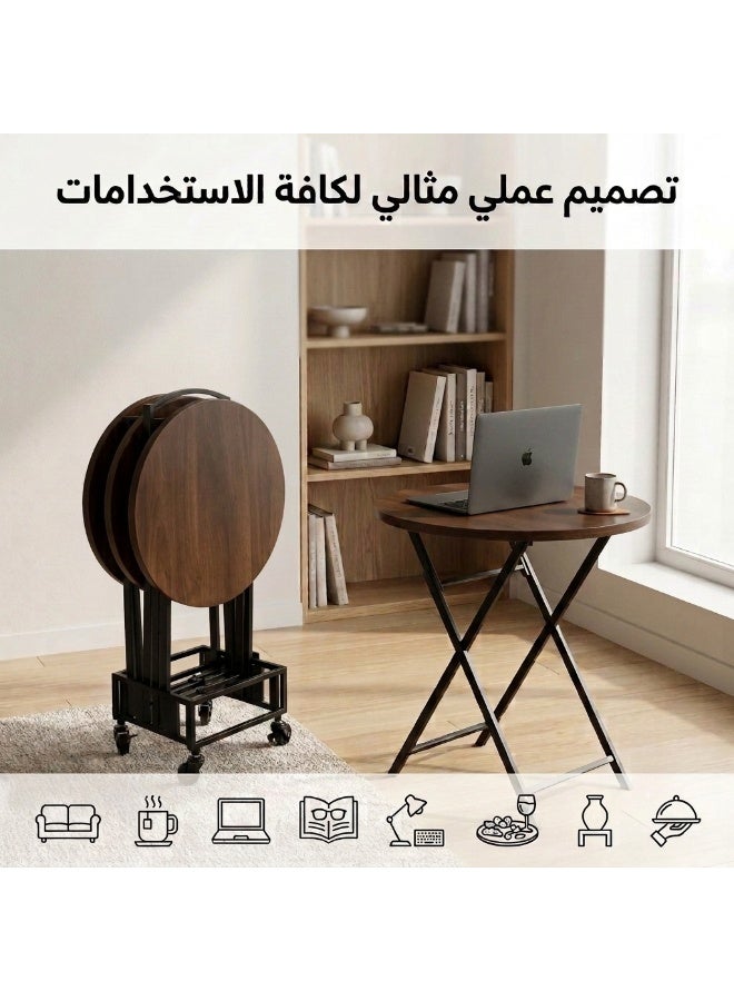 Living 4-Piece Round Folding Service Table Set with Mobile Stand | Wooden Hospitality Tables with Metal Legs | Smart Storage & Organization Unit on Wheels - Image 4