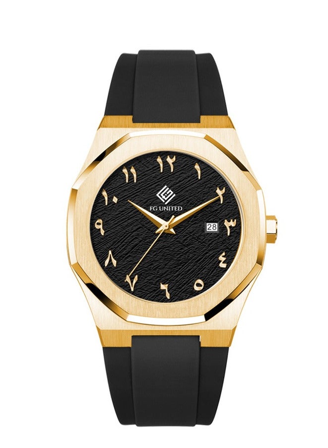 FG UNITED ساعة للرجال بتصميم رفيع بعلبة من الفولاذ المقاوم للصدأ بلون الذهب وحزام سيليكون 41 مم - FG7002