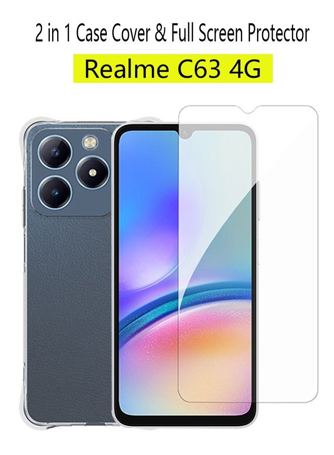 2 in 1 realme C63 4G Phone Case Cover & Screen Protector - Shockproof Clear Slim TPU Protective Phone Cover & Full Coverage Delicate Touch Tempered Glass Screen Protector for realme C63 4G Clear - Image 1