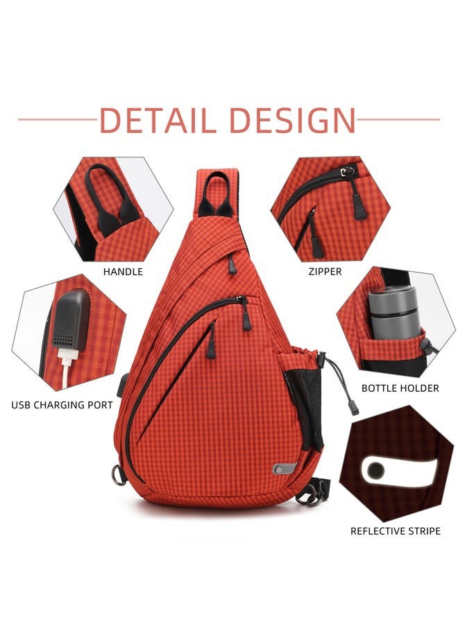 TurnWay Water-Proof Sling bag/Crossbody Backpack/Shoulder Bag with USB Charging Port for Travel, Hiking, Cycling, Camping (Orange Grid) - Image 4