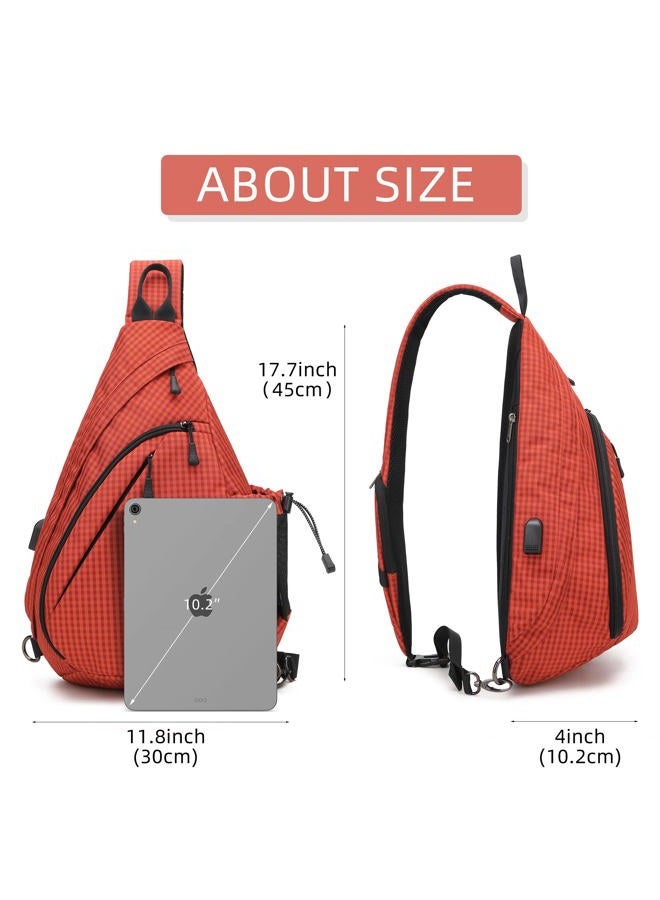 TurnWay Water-Proof Sling bag/Crossbody Backpack/Shoulder Bag with USB Charging Port for Travel, Hiking, Cycling, Camping (Orange Grid) - Image 3