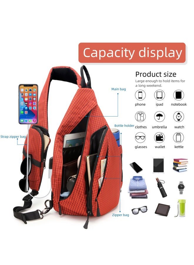 TurnWay Water-Proof Sling bag/Crossbody Backpack/Shoulder Bag with USB Charging Port for Travel, Hiking, Cycling, Camping (Orange Grid) - Image 2