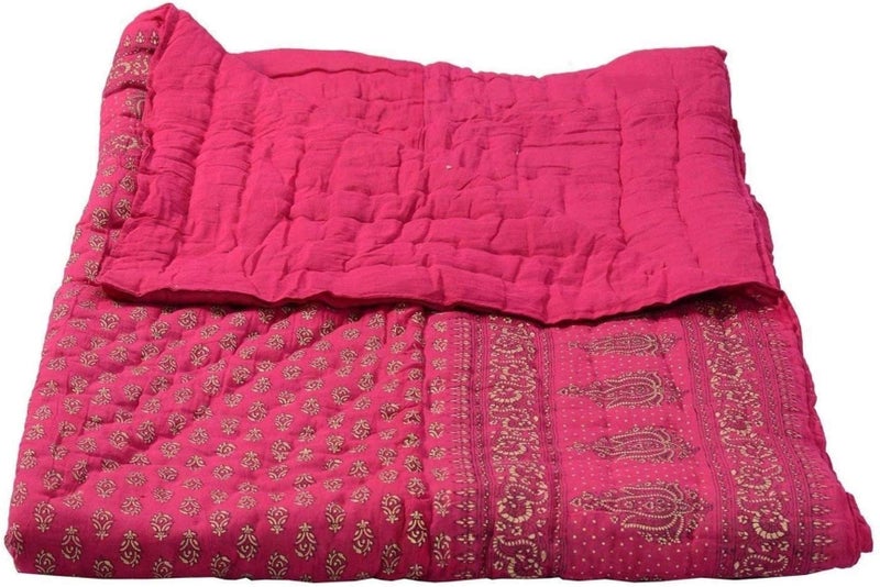 LOARSHY Pure Cotton Floral Quilt | Lightweight and Warm Jaipuri Rajasthani Single Bed Razai | Soft Razai for Summer and Winters |Gift Item (Pink) - Image 1