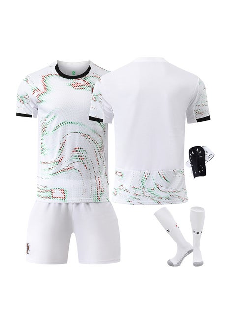 A new football jersey is made of fabric that is breathable, quick-drying, soft and has good elasticity, It consists of a 4-piece set of a top, trousers, socks and knee pads, and is specially designed for football and sports enthusiasts
