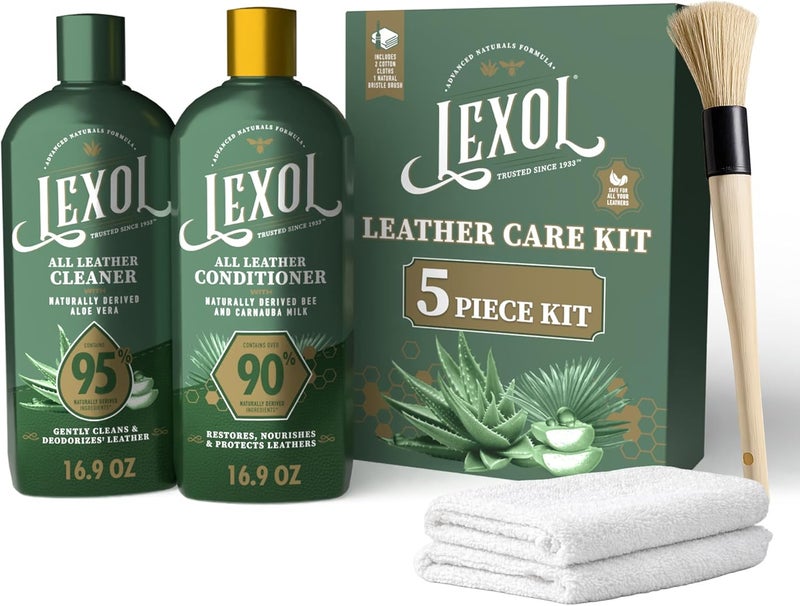 LEXOL Advanced Naturals Leather Care Kit with All Leather Cleaner, Conditioner, 2 Cotton Cloths and Natural Bristle Brush, Great for Car Interiors, Furniture, Bags, Boots, Baseball Gloves, 5 Piece Kit - Image 1