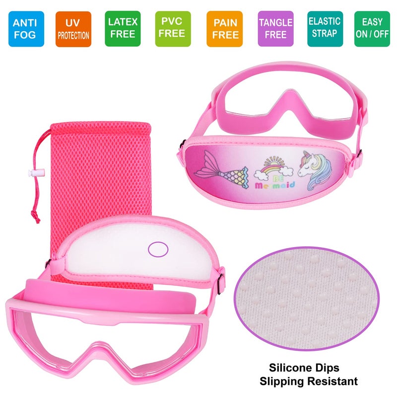 RUIGAO Girls Swim Goggles, Fabric Strap,Unicorn/Mermaid Pink Goggles for Kids swimming 3-8 - Image 2