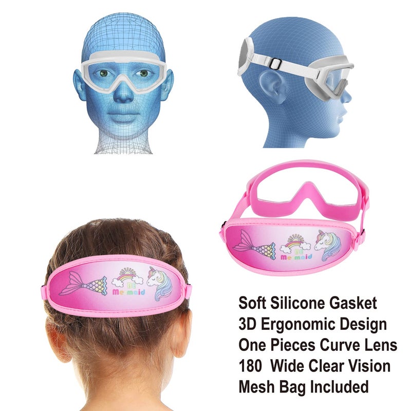 RUIGAO Girls Swim Goggles, Fabric Strap,Unicorn/Mermaid Pink Goggles for Kids swimming 3-8 - Image 3